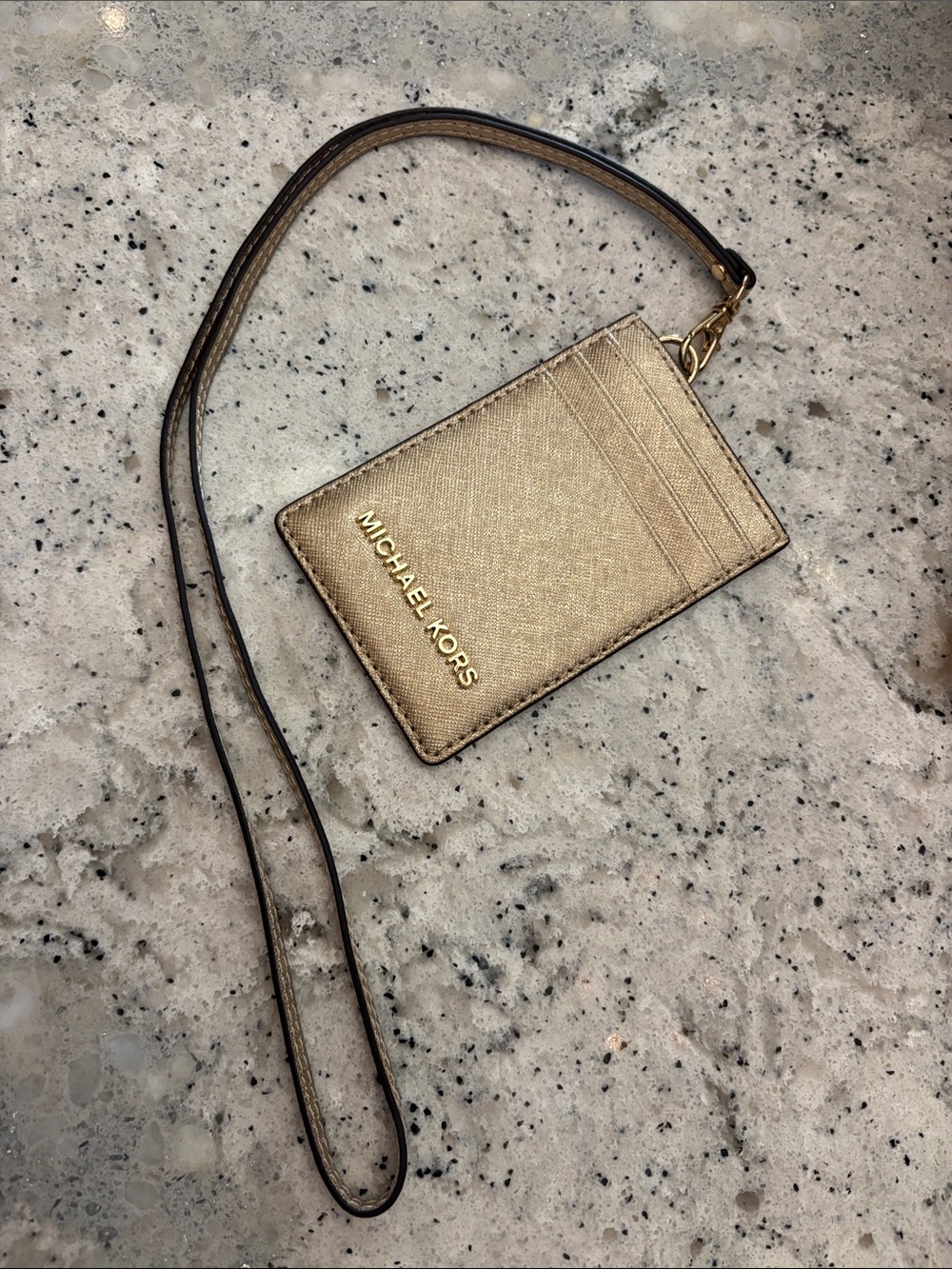 MICHAEL KORS Metallic Gold Card Holder with Lanyard